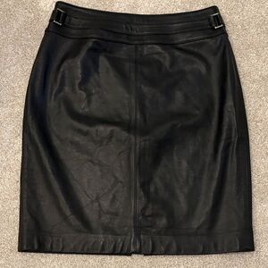 Classic Black Leather Pencil Skirt with Buckle Waist Detail